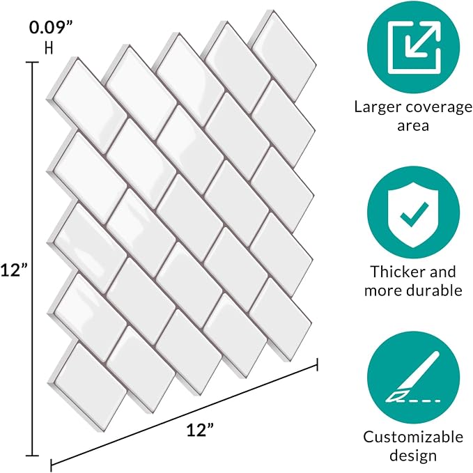 Joysticky 10-Sheet Peel and Stick Backsplash, 12" * 12" Crystal Texture Stick on Tiles Backsplash for Kitchen & Bathroom，Thicker Design Peel and Stick Wall Tiles（Warm White）