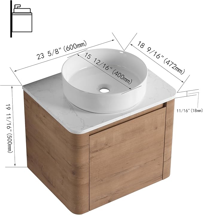 LKTART 24 Inch Floating Bathroom Vanity with Sink, Modern Wall Mounted Bathroom with Soft Close Door, White Round Ceramic Basin and Sintered Stone Top
