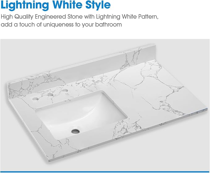 36 Inch Engineered Stone Bathroom Vanity Sink Top, with Undermount Rectangular Left Side Sink, Vanity Countertop with 8 inch Faucet Hole Spacing and Backsplash in Lightning White