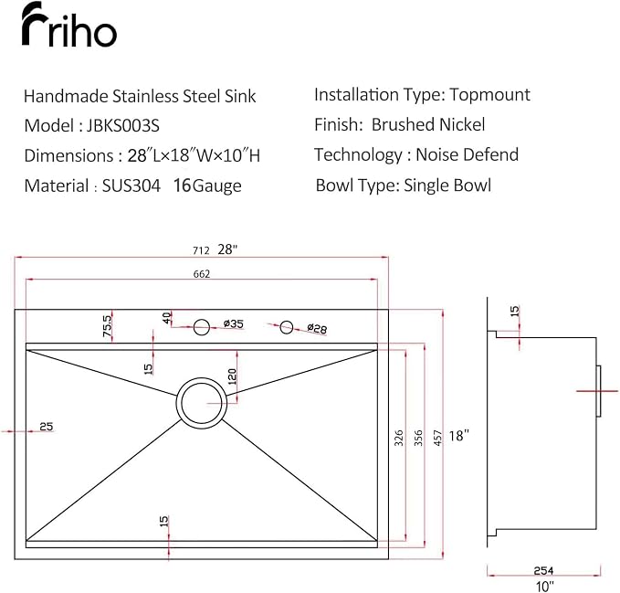 Friho 28 Inch Drop in Kitchen Sink, 28x18 Topmount Commercial Handmade 16 Gauge Single Bowl Stainless Steel Sink with Basket Strainer