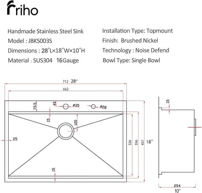 Friho 28 Inch Drop in Kitchen Sink, 28x18 Topmount Commercial Handmade 16 Gauge Single Bowl Stainless Steel Sink with Basket Strainer