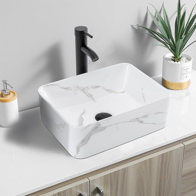 Bathroom Vessel Sink Combo with Faucet and Pop-up Drain, 16" x 12" Rectangular Porcelain Ceramic Basin with White Marble Pattern, Above Counter Sink for Vanity