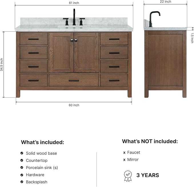 ARIEL Cambridge 60-inch Bathroom Vanity with Sink,Solid Wood, 1.5-inch Italian Carrara Marble Countertop, Single Rectangular Porcelain Sink, 2 Soft Closing Doors, 9 Dovetail Drawers, Brown Oak