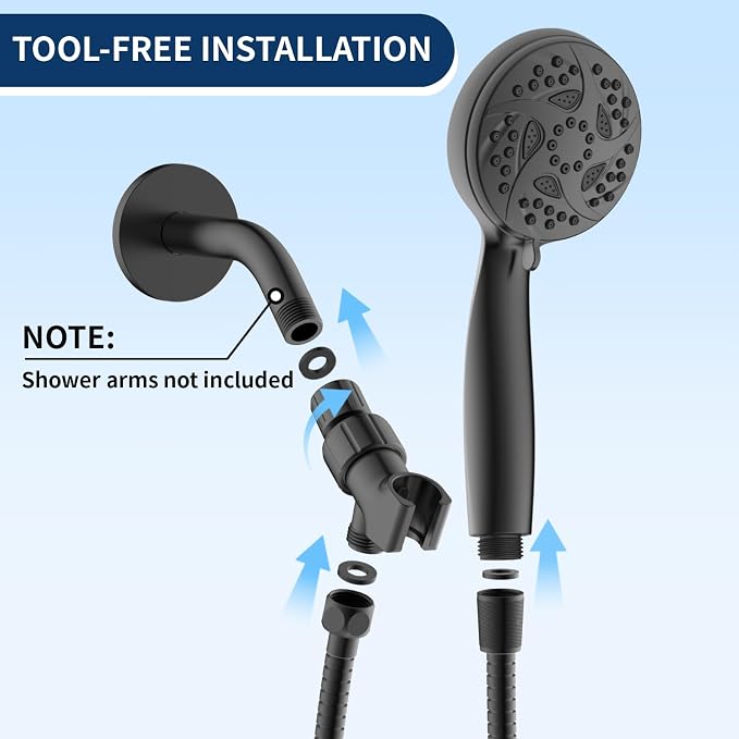 6-Mode Shower Head with Handheld, High Pressure Handheld Showerhead, Black | 3.94 Inch Handheld Spray with 59 Inch Stainless Steel Hose and Adjustable Shower Holder, Tool-free Installation