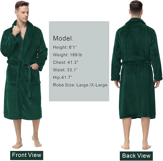 Yurhap Mens Fleece Robe, Soft Plush Robe for Men, Fluffy Bathrobe with Belt & 2 Pockets