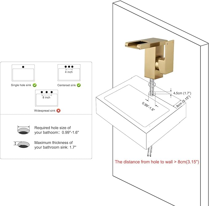 Hoimpro LED Waterfall Bathroom Faucet Brushed Gold, Single Handle Bathroom Sink Faucet 1 Hole, 3 Colors Light Changing, with Pop-up Drain and cUPC Supply Lines, Stainless Steel