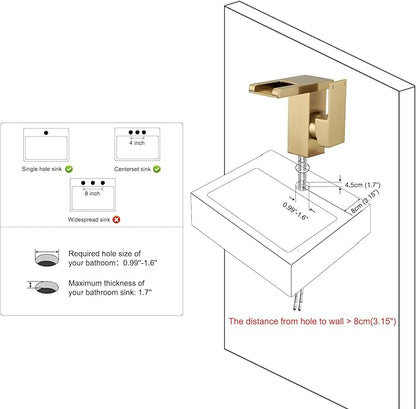 Hoimpro LED Waterfall Bathroom Faucet Brushed Gold, Single Handle Bathroom Sink Faucet 1 Hole, 3 Colors Light Changing, with Pop-up Drain and cUPC Supply Lines, Stainless Steel