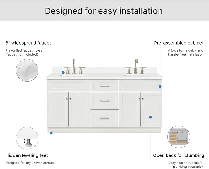 ARIEL Hamlet 72-inch Bathroom Vanity with Sink,Solid Wood, 1.5-inch Pure White Quartz Countertop & Backsplash, Double Rectangular Porcelain Sink, 4 Soft Closing Doors, 3 Dovetail Drawers, White