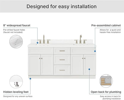 ARIEL Hamlet 72-inch Bathroom Vanity with Sink,Solid Wood, 1.5-inch Pure White Quartz Countertop & Backsplash, Double Rectangular Porcelain Sink, 4 Soft Closing Doors, 3 Dovetail Drawers, White
