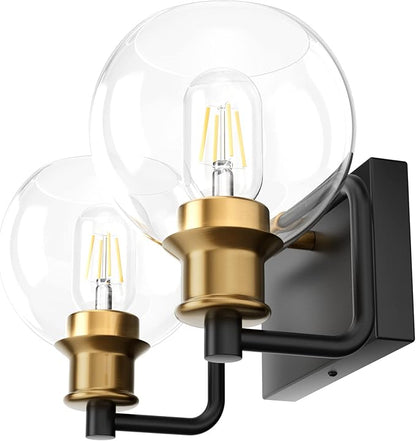 Tipace 2 Lights Vintage Bathroom Vanity Light Fixtures Over Mirror Black & Gold Industrial Vanity Lights with Globe Clear Glass Farmhouse Wall Sconces Fixture(Exclude Bulb)