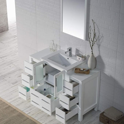 Blossom 48" Solid Wood Bathroom Vanity w/Ceramic Sink & Double Side Cabinet, Freestanding Sink Vanity, Soft-Close Drawers, Tempered Glass Doors, Ceramic Top & Side Cabinet, Glossy White