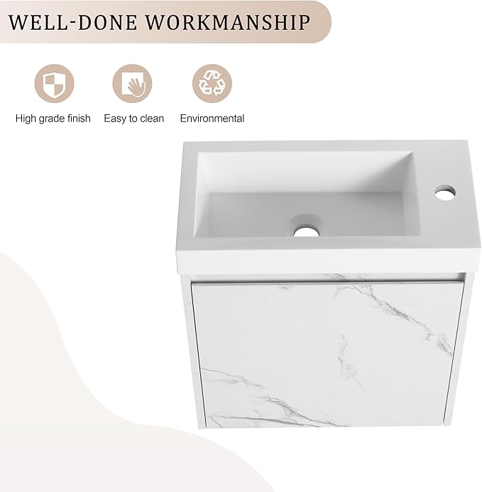 20" Small Floating Bathroom Vanity with White Marble Grain Flat Door and Storage