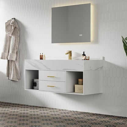 KunMai 35.4" White Floating Bathroom Vanity with Sink – Modern Wall Mounted Bathroom Cabinet with Sintered Stone Countertop, Soft-Close Drawers, Space-Saving Vanity for Small Bathrooms