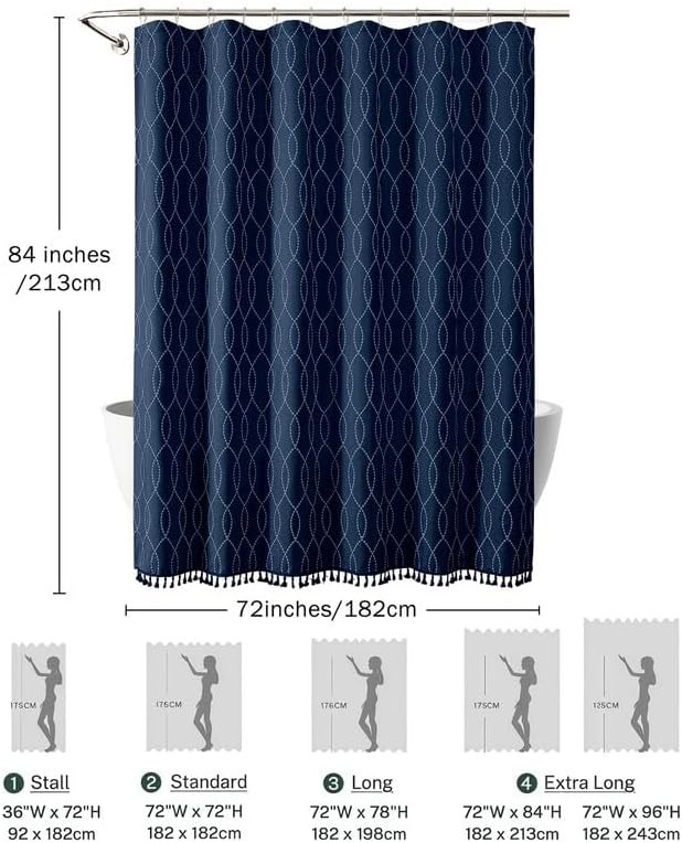 OVZME Extra Long Navy Blue Shower Curtain 84 Inch Long, Puff Printed Textured Shower Curtain with Tassels, Tall Farmhouse Geometry Bathroom Curtain, Water Resistant Fabric, 72Wx84L Inches