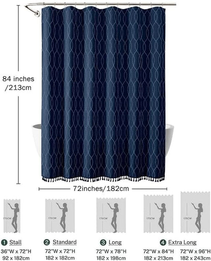 OVZME Extra Long Navy Blue Shower Curtain 84 Inch Long, Puff Printed Textured Shower Curtain with Tassels, Tall Farmhouse Geometry Bathroom Curtain, Water Resistant Fabric, 72Wx84L Inches