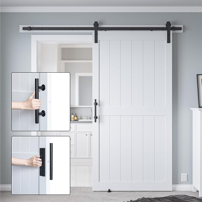 42in x 96in MDF Sliding Barn Door with 7ft Barn Door Hardware Kit & Handle | White Solid Barn Door Slab Covered with Water-Proof PVC Surface, Pre-Drilled Holes Easy Assembly, H-Frame