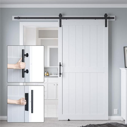 42in x 96in MDF Sliding Barn Door with 7ft Barn Door Hardware Kit & Handle | White Solid Barn Door Slab Covered with Water-Proof PVC Surface, Pre-Drilled Holes Easy Assembly, H-Frame