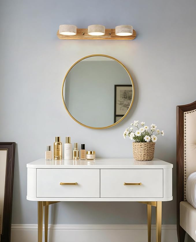Natural Wood Vanity Light, 19.7 Inches Nordic Style Farmhouse Vanity Lights for Bathroom Wabi Sabi Travertine Wall Sconce with 360° Rotatable Natural Stone Lampshade and Wooden Base (3 Lights)