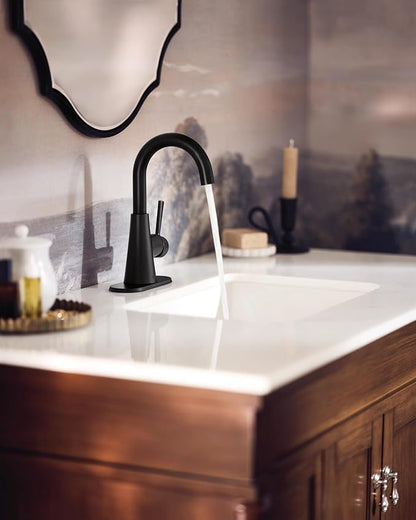 Moen Ronan Matte Black One-Handle Single Hole Modern Bathroom Sink Faucet with Optional Deckplate and Spring Loaded Drain Assembly, 84021BL