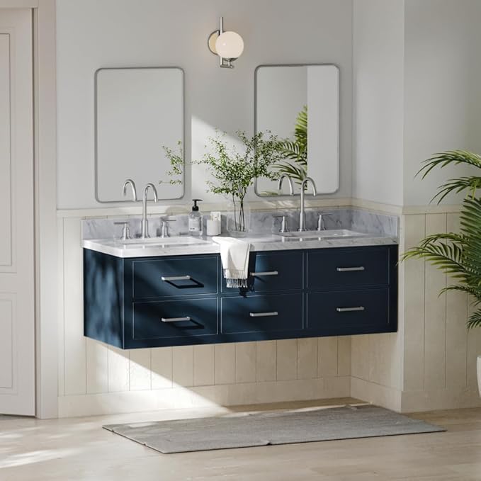 ARIEL Hutton 60-inch Bathroom Vanity with Sink,Solid Wood, 1.5-inch Italian Carrara Marble Countertop & Backsplash, Double Rectangular Porcelain Sink, 3 Dovetail Drawers, Midnight Blue