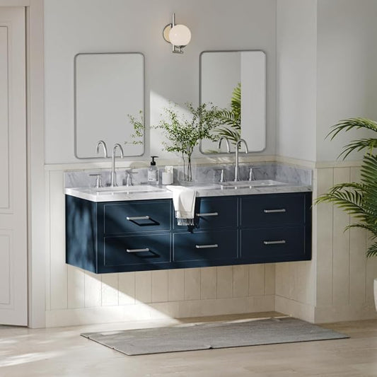 ARIEL Hutton 60-inch Bathroom Vanity with Sink,Solid Wood, 1.5-inch Italian Carrara Marble Countertop & Backsplash, Double Rectangular Porcelain Sink, 3 Dovetail Drawers, Midnight Blue