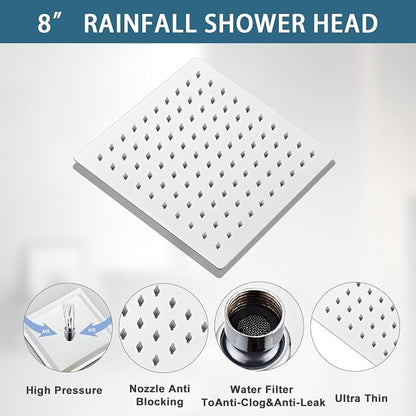 8 Inch Shower Faucet Set, Rainfall Shower System with High Pressure Handheld Shower Head, Bathroom Mixer Wall Mounted Shower Faucet Rough-in Valve and Trim Kit, Polish Chrome, with 3-Setting