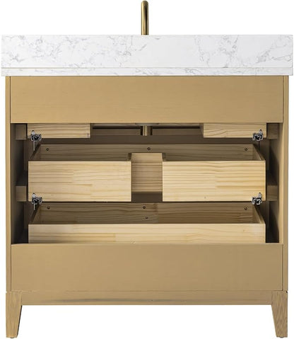 Vanity Art 36" Bathroom Vanity with Single Sink & Arabescato White Engineered Stone Top, Vanity Cabinet with Soft Closing Door, Solid Wood Frame, Golden Brushed Handles, Natural Oak VA8136-NO-GB