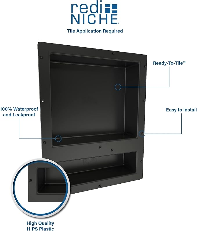 Tile Redi USA Niche Double Recessed Shower Shelf – Black, Two Inner Shelves with Divider, 16-Inch Width x 20-Inch Height x 4-Inch Depth (RN1620D-BI)