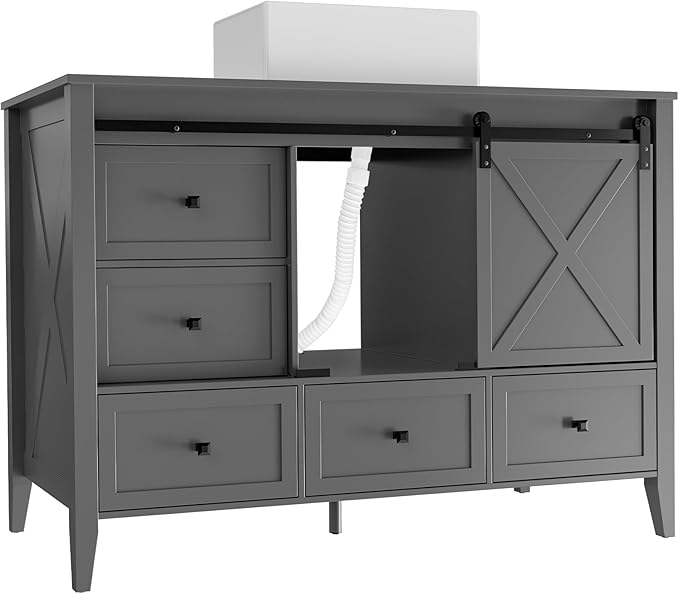 VNN Bathroom Vanity with Sink - 48 Inch Bathroom Vanity with Sink Ceramic, Freestanding Cabinet with Farmhouse Sliding Barn Door and 7 Drawers, Space-Saving Storage Cabinet, Grey