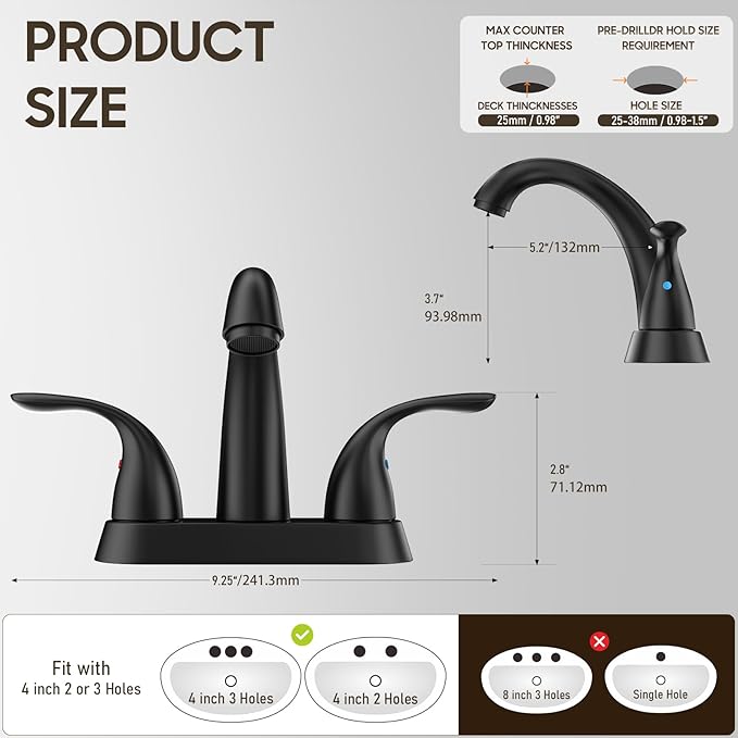 Phiestina 4 Inch 2 or 3 Holes 2 Handles Centerset Matte Black Lead-Free Bathroom Sink Faucet, Bathroom Faucet with Copper Pop Up Drain and Water Supply Lines, BF008-5-MB