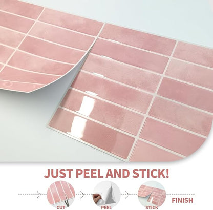 Peel and Stick Backsplash 3D Wall Tiles,Self-Adhesive,Oil Proof,Waterproof, Removable Wall Panels for Kitchen & Bathroom,Modern Design, Easy Install (10.7ft，12x9 inch,14 Pack) (Pink)