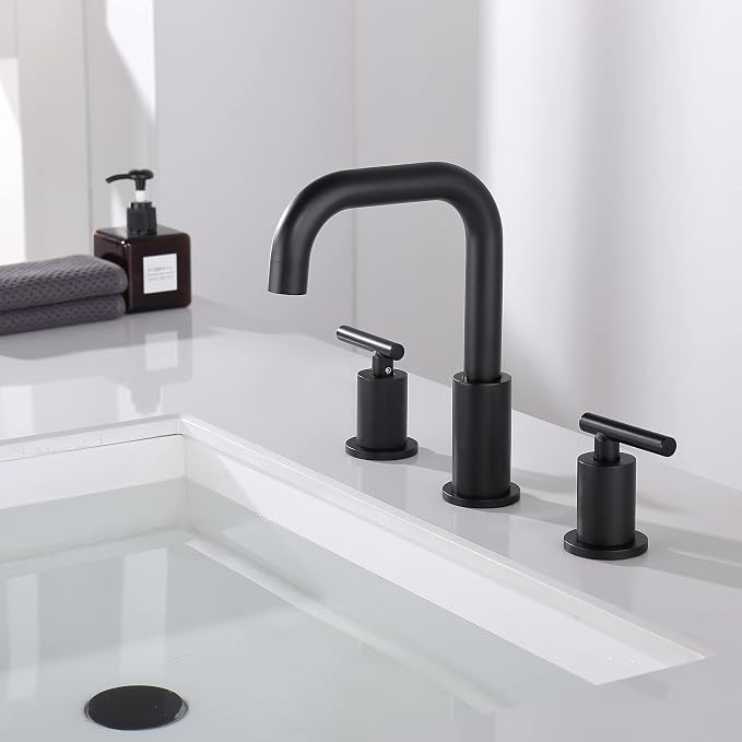 ChiLDano Black Sink Faucet Bathroom 3 Hole, 8 inch Black Faucet with Drain | 2 Handles 3 Hole Black Faucet for Bahtoom Sink, Bathroom Faucet Widespread for Vanity