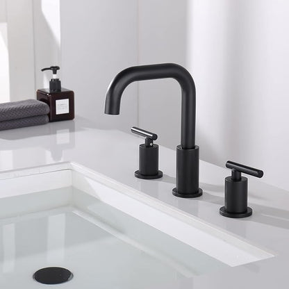 ChiLDano Black Sink Faucet Bathroom 3 Hole, 8 inch Black Faucet with Drain | 2 Handles 3 Hole Black Faucet for Bahtoom Sink, Bathroom Faucet Widespread for Vanity