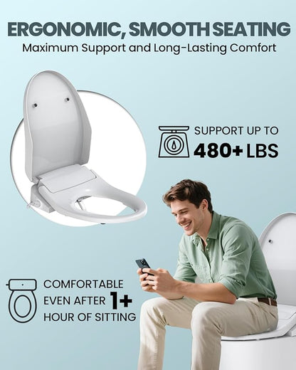 Electric Bidet Toilet Seat Elongated, Heated Toilet Seat with Instant Warm Water & Air Dryer, 6 Wash Modes, Dual Control, Self-Cleaning Nozzle, Soft-Close Lid, Night Light, Eco & Child Friendly