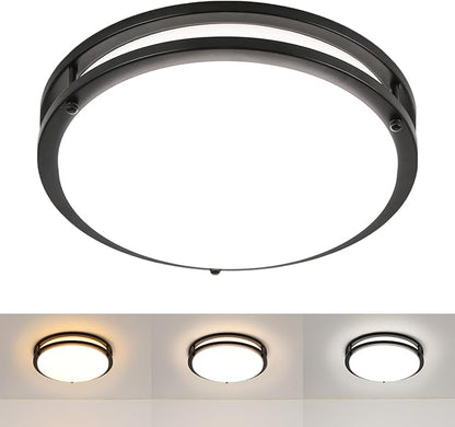 Black Flush Mount LED Ceiling Light Fixture, 13 inch 3000K/4000K/5000K Adjustable Ceiling Lights, Metal Frame Tri-Color Dimmable Lighting for Living Room Bedroom Hallway Bathroom or Kitchen