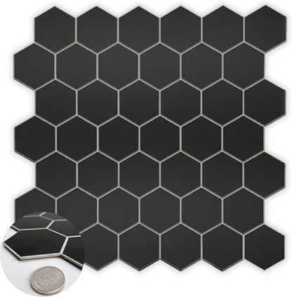 10-Sheet Hexagon Peel and Stick Backsplash, 11.42" x 11.42" Black Honeycomb Self-Adhesive Marble Mosaic Wall Tile, Waterproof Stick on Backsplash Tiles for Kitchen Bathroom Shower