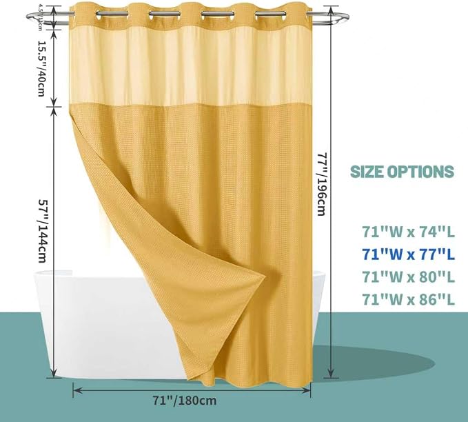 eachope No Hook Waffle Shower Curtain with Snap-in Liner, 71x77 Inch, Gold | 230 GSM waffle weave fabric, waterproof liner set with 2 bottom magnets, mesh top window, washable, for bathroom or hotel use