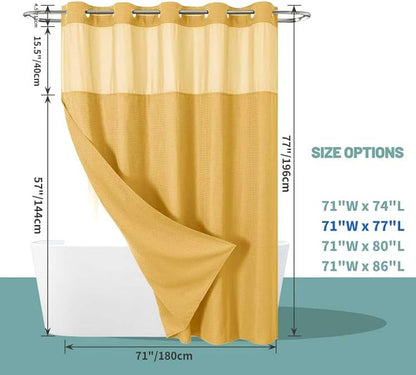 eachope No Hook Waffle Shower Curtain with Snap-in Liner, 71x77 Inch, Gold | 230 GSM waffle weave fabric, waterproof liner set with 2 bottom magnets, mesh top window, washable, for bathroom or hotel use