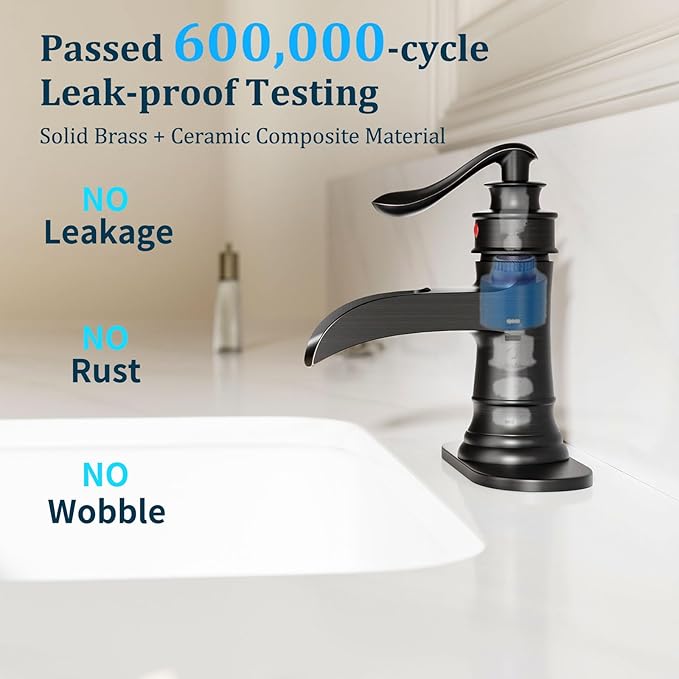 Oil Rubbed Bronze Waterfall Bathroom Faucet, Single Handle Bathroom Sink Faucet 1 Hole or 3 Hole, Vanity Sink Faucet for Vintage Antique Lavatory Washroom with Pop Up Drain, Deck, 2 Hoses
