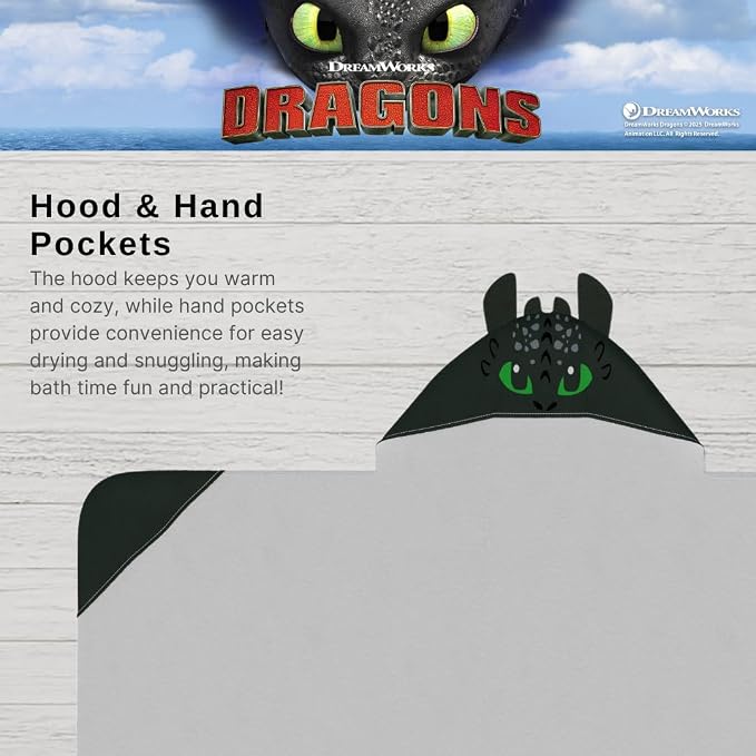 How to Train Your Dragon Toothless Super Soft Bath/Pool/Beach Soft Cotton Terry Hooded Towel Wrap, 24 in x 50 in, (Officially Licensed Product) by Franco