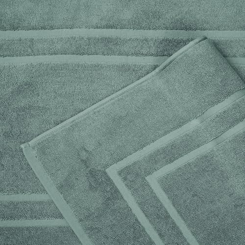 Feather & Stitch 2 Piece Towel Like Bath Mats (30x21 Inch) 100% Cotton Terry Bath Mat, Bathroom Shower Floor Mat [NOT A Bathroom Rug], Soft Absorbent Washable Mats - Granite Green