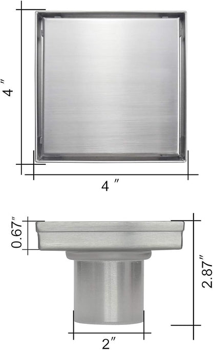 Square Shower Drain,Shower Drain 4" with 2 in 1 Tile-Insert Cover | Brushed AISI 304 Stainless Steel Shower Floor Drain with Hair Catcher Fits Bathroom Balcony Kitchen Easy to install