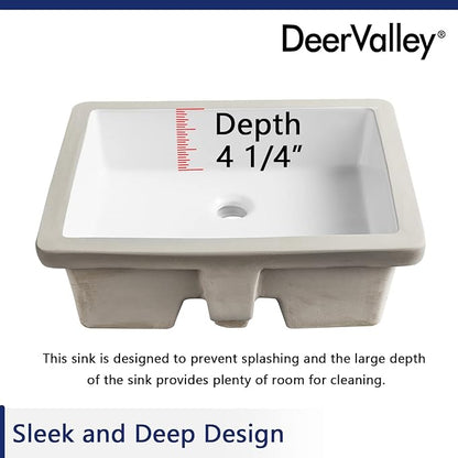 DeerValley Rectangular Undermount Bathroom Sink,19.72"x15.59"x6.54" Modern Vessel Sink White Undermount Bathroom Sink Rectrangle Porcelain Ceramic Lavatory Vanity Vessel Sink with Overflow