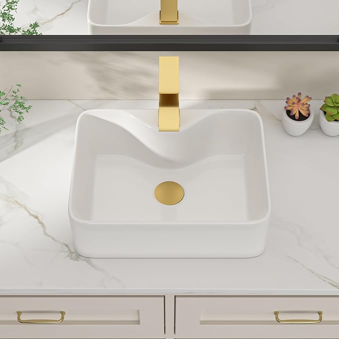 Dcolora 16 in. White Vessel Sink, Rectangular Porcelain Ceramic Above Counter Sink, Small Bathroom Sink with Gold Accessories,12"D x 16"W x 5"H #DC-SFDOE00084