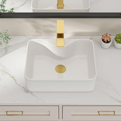 Dcolora 16 in. White Vessel Sink, Rectangular Porcelain Ceramic Above Counter Sink, Small Bathroom Sink with Gold Accessories,12"D x 16"W x 5"H #DC-SFDOE00084