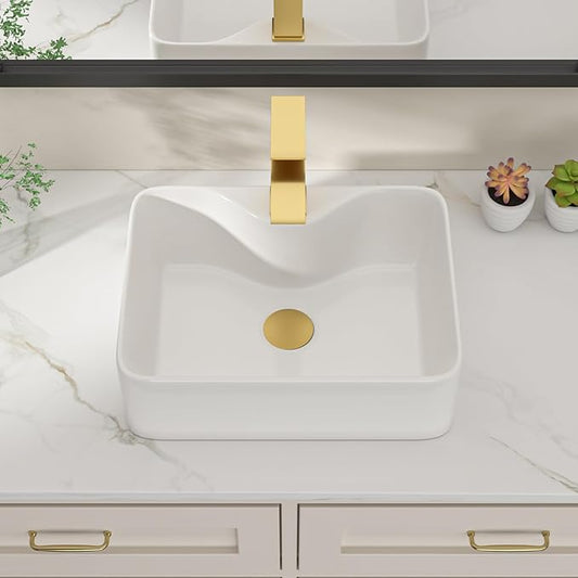 Dcolora 16 in. White Vessel Sink, Rectangular Porcelain Ceramic Above Counter Sink, Small Bathroom Sink with Gold Accessories,12"D x 16"W x 5"H #DC-SFDOE00084