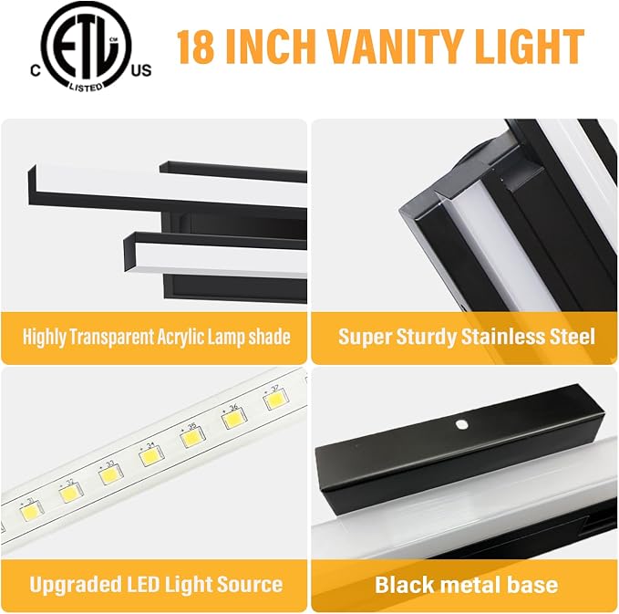 Modern Bathroom Light Fixtures Over Mirror: ETL Certified 18-Inch Retractable Vanity Light Bar for Bathroom, Dimmable LED Black Bathroom Lamp IP44 - Wall Light Fixture 5700K Cool White(1 Pack)