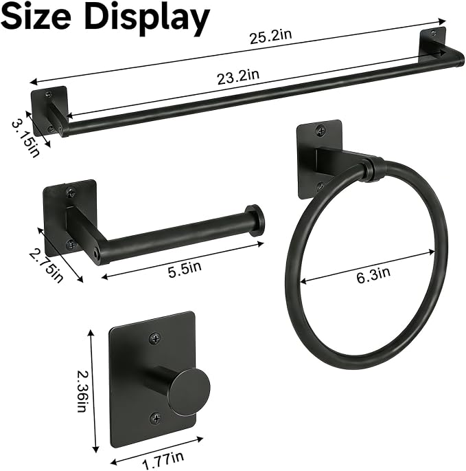 Matte Black Bathroom Accessories Set, 5 Pieces Bathroom Hardware Set, 24 inch Towel Bar, Towel Racks for Bathroom, Robe Towel Hooks, Toilet Paper Holder Wall Mounted