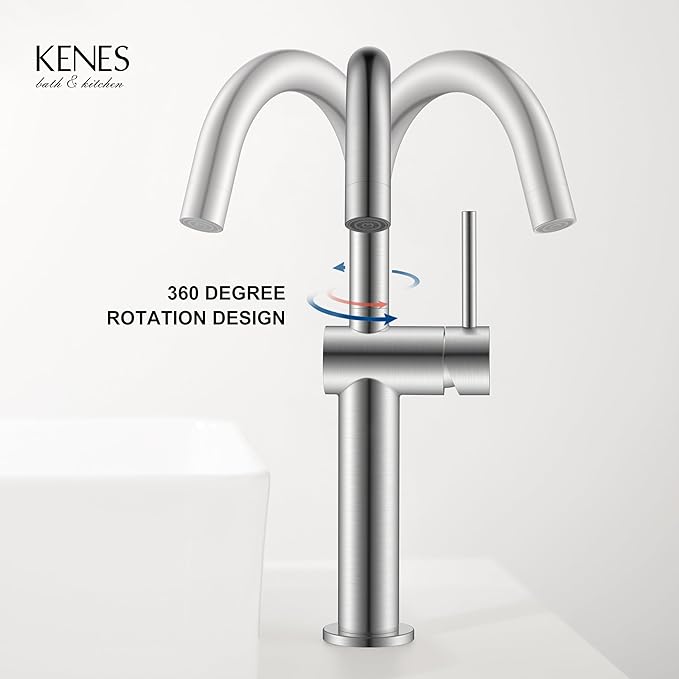 KENES Brushed Nickel Vessel Sink Faucet, Single Handle Tall Bathroom Faucet Single Hole, Modern Bathroom Vanity Faucet with Pop Up Drain and Supply Lines, KE-9005C