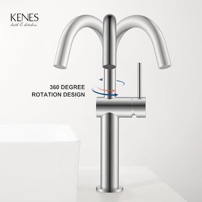 KENES Brushed Nickel Vessel Sink Faucet, Single Handle Tall Bathroom Faucet Single Hole, Modern Bathroom Vanity Faucet with Pop Up Drain and Supply Lines, KE-9005C